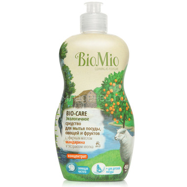 Экологичное средство для мытья посуды овощей и фруктов BioMio 450 мл. с эфирным маслом мандарина, экстрактом хлопка и ионами серебра 0
