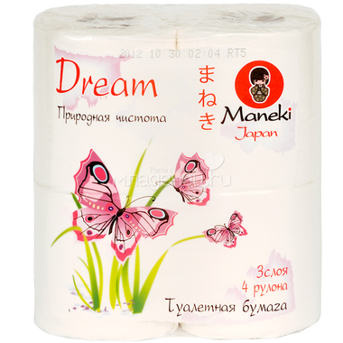 Туалетная бумага Maneki Dream 3 слоя с тиснением (4 рулона в упаковке) 23 м 0