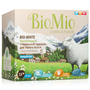 Экологичный стиральный порошок BioMio 1500 гр. для белого белья с экстрактом хлопка (концетрат) 0