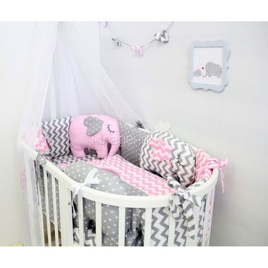 Комплект постельного белья ByTwinz для круглой кроватки с игрушками Слоники розовые 0