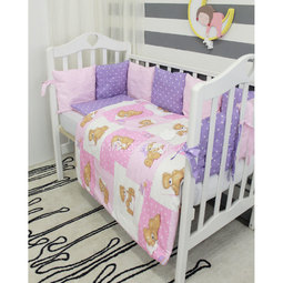 Комплект в кроватку ByTwinz с бортиками-подушками Тедди розовые