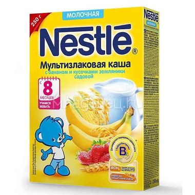 Каша Nestle молочная 250 гр Мультизлаковая с бананом и кусочками земляники (с 6 мес) 0