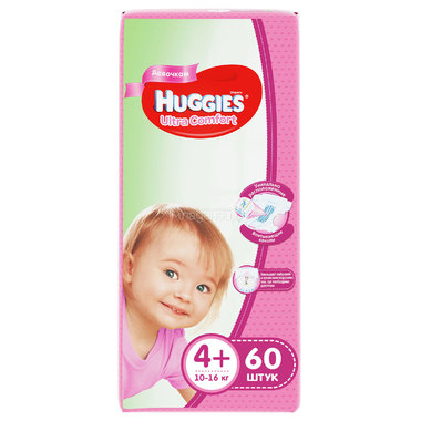 Подгузники Huggies Ultra Comfort Mega Pack для девочек 10-16 кг (60 шт) Размер 4+ 0