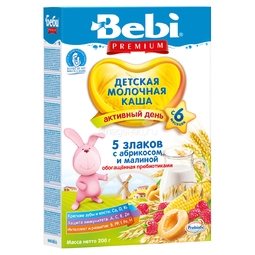 Каша Bebi Premium молочная 200 гр 5 злаков с абрикосом и малиной (с 6 мес)