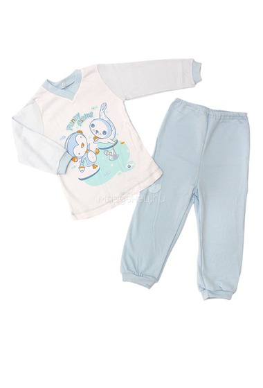 Пижама длинный рукав+брючки на манжете с принтом Soni Kids "Веселый улов", цвет голубой,белый,принт  0