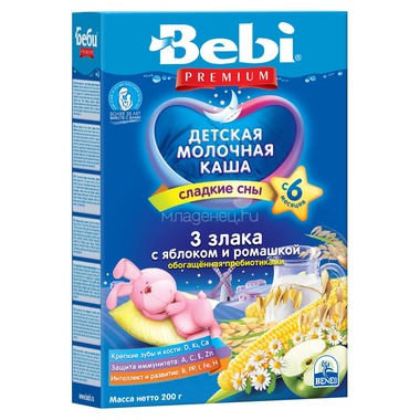 Каша Bebi Premium молочная 200 гр 3 злака яблоко ромашка с пребиотиками (с 6 мес) 0