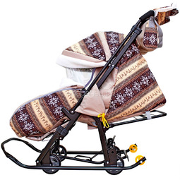 Санки-коляска SNOW GALAXY LUXE на больших мягких колесах сумка муфта Скандинавия Коричневая