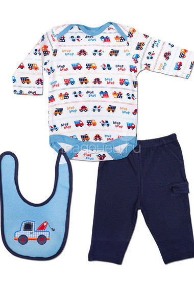 Комплект Bon Bebe Бон Бебе для мальчика: боди длинный рукав, штанишки, нагрудник, цвет голубой-синий  0
