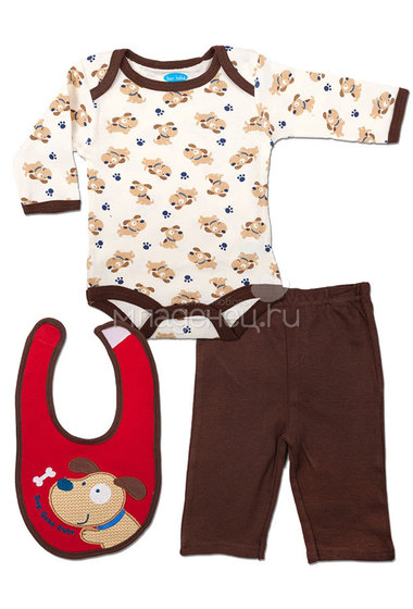 Комплект Bon Bebe Бон Бебе для мальчика: боди длинный рукав, штанишки, нагрудник, цвет коричневый  0