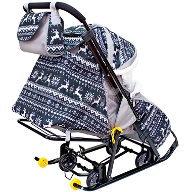 Санки-коляска SNOW GALAXY LUXE на больших мягких колесах сумка муфта Полярная ночь Олени Черные 4