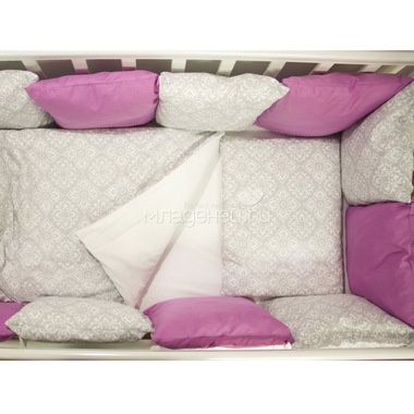Комплект в кроватку ByTwinz с бортиками-подушками 6 предметов Дамаск Фуксия 2