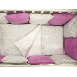 Комплект в кроватку ByTwinz с бортиками-подушками 6 предметов Дамаск Фуксия