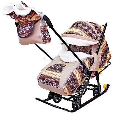 Санки-коляска SNOW GALAXY LUXE на больших мягких колесах сумка муфта Скандинавия Коричневая 1