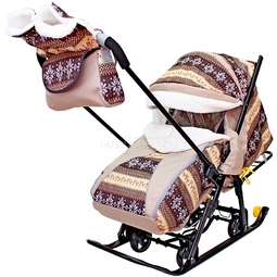 Санки-коляска SNOW GALAXY LUXE на больших мягких колесах сумка муфта Скандинавия Коричневая
